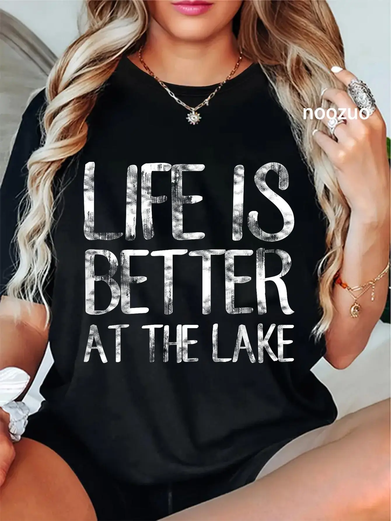 Women's 100% Cotton Casual Graphic T-Shirt - "Life Is Better At The Lake" Shortsleeve Round Neck Vintage Top for Everyday Camping