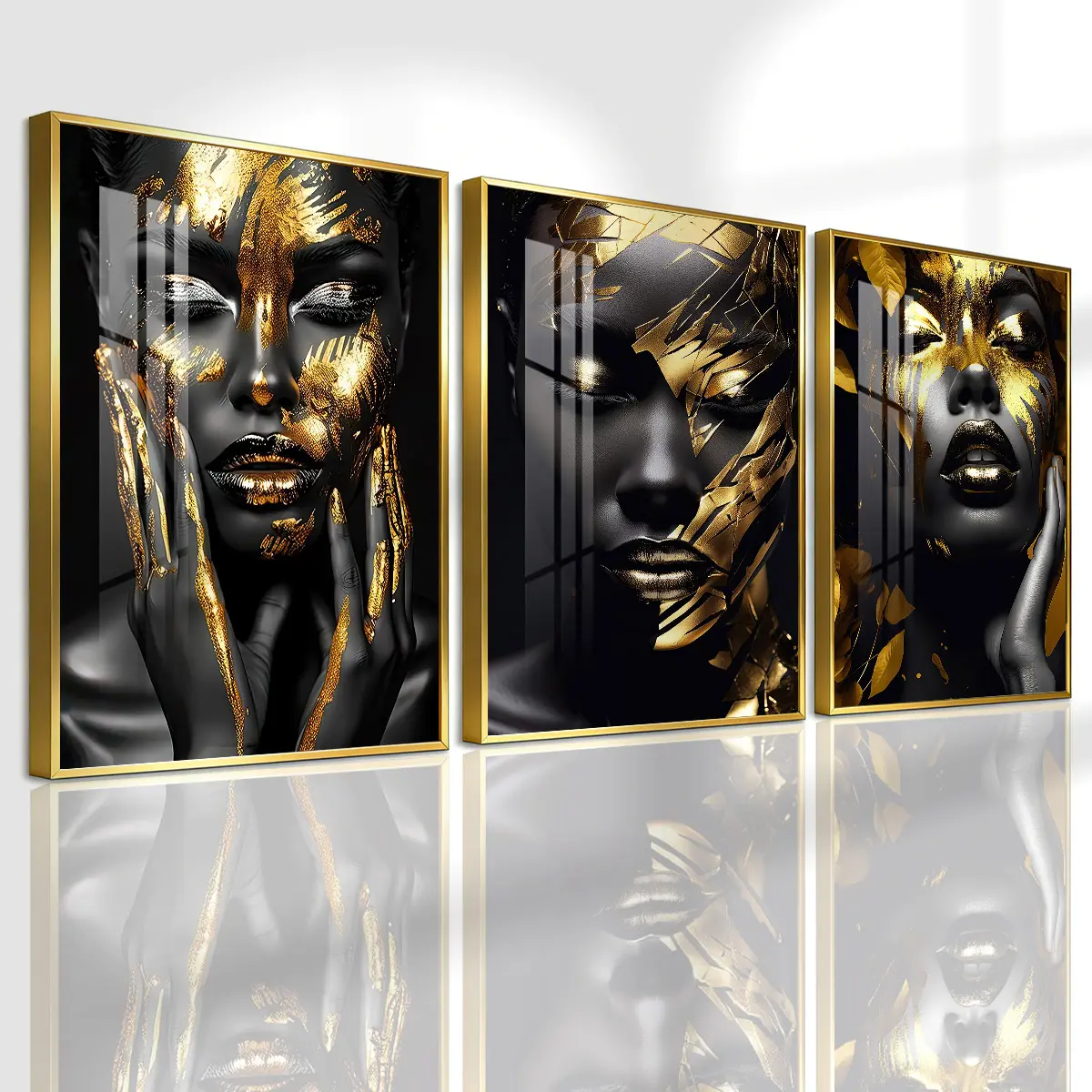 3 Count Aluminum Alloy Frame Canvas, Fashion Poster Black And Gold Abstract Woman Face, Wall Decoration, Modern Art, Suitable For Living Room, Bedroom, Kitchen, Home Office, Cafe, Bar, Dormitory, Corridor, Family Decor, Gift, Waterproof Art