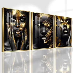 3 Count Aluminum Alloy Frame Canvas, Fashion Poster Black And Gold Abstract Woman Face, Wall Decoration, Modern Art, Suitable For Living Room, Bedroom, Kitchen, Home Office, Cafe, Bar, Dormitory, Corridor, Family Decor, Gift, Waterproof Art
