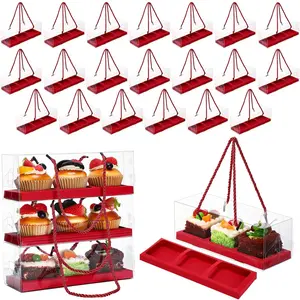 24 Pcs Clear Cupcake Boxes Portable Pastry Packaging Portable Gable Boxes with Rope Handle, Inserts 3 Compartments Bakery Take out Containers for Mother's Day