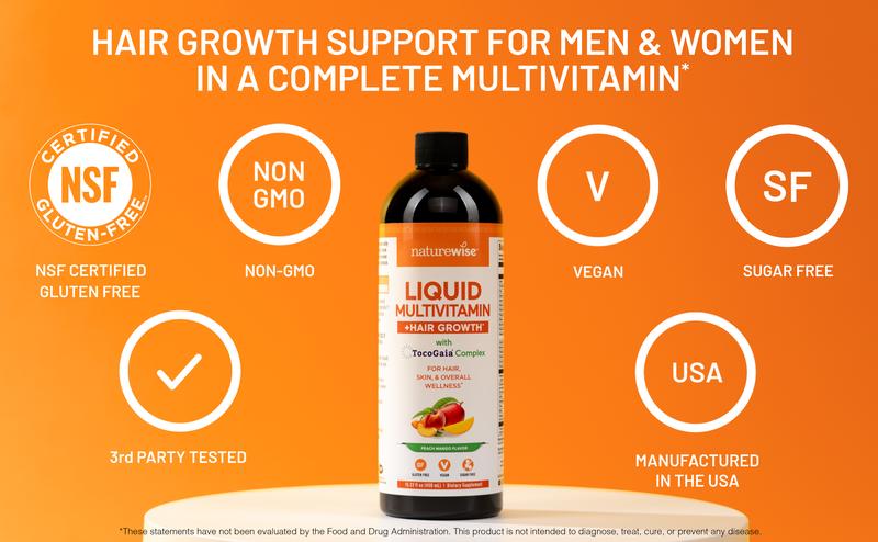 NatureWise Liquid Multivitamin Hair Growth for Women & Men + Tocogaia for Hair Growth & Skin Elasticity + Biotin, Vitamin D, E, B - Sugar Free Multivitamin - Peach Mango Flavor - Non-GMO - USA Manufactured