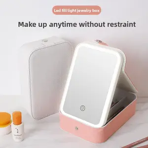 Internet celebrity portable home and outdoor storage mirror, makeup mirror with integrated LED fill light, snap-button mirror, desktop dressing storage box