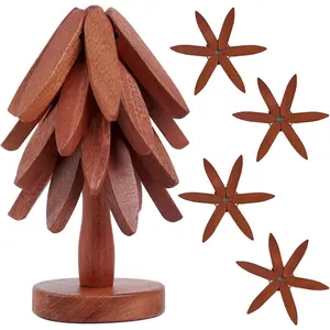 Set of 4 Foldable Heat Resistant 8" Diameter Tree Shape Black Walnut Wooden Trivets Wooden Mats for Hot Pots Pans Dishes Kitchen Table Coaster Accessories