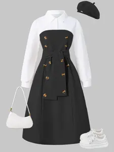 New Teenage Girls Casual Collared Button Dress, Elegant Sweet Comfortable Long Sleeve, Spring & Fall Fashion, Patchwork, Includes Belt