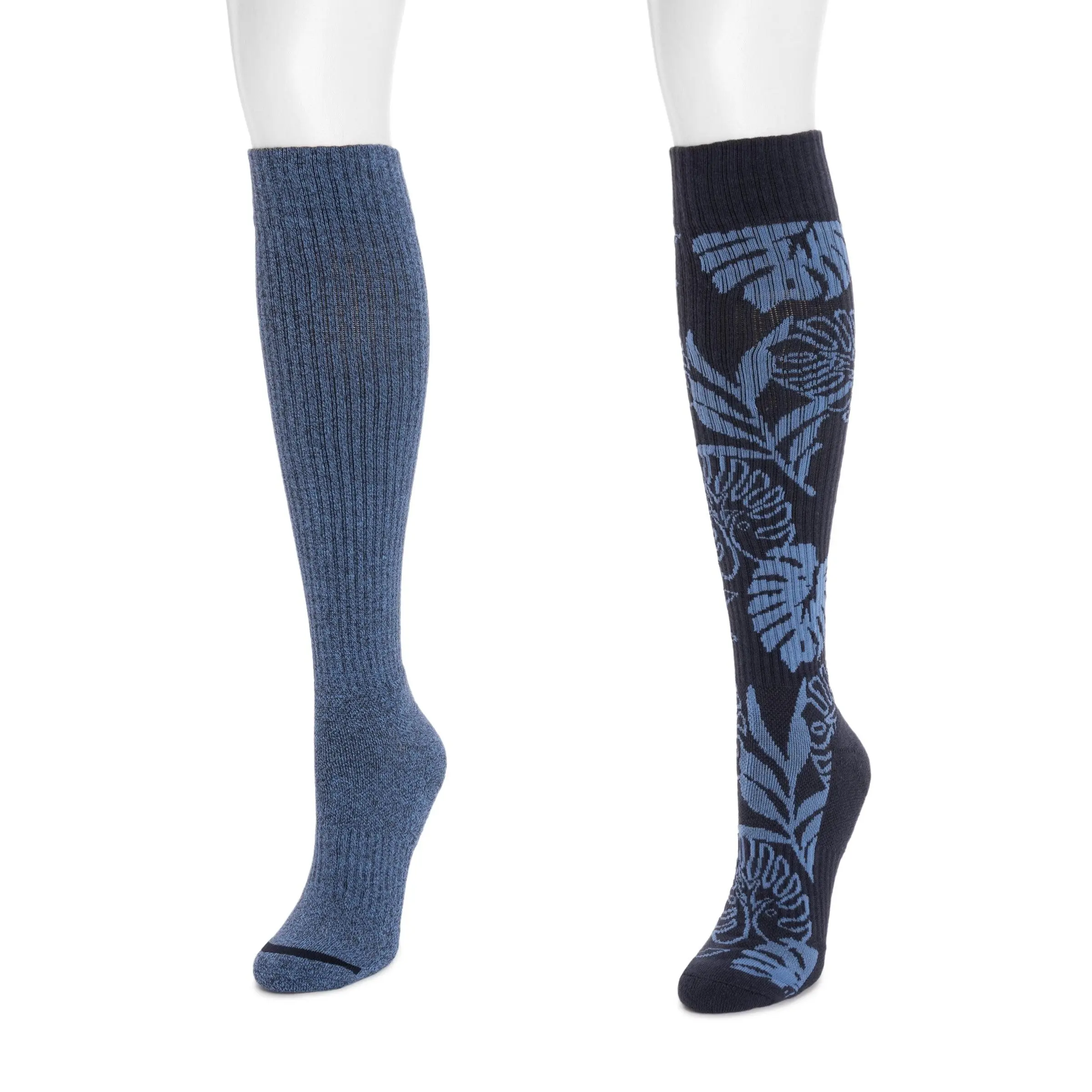 Women's 2-Pair Ribbed Cotton Knee-High Socks - Stretchy, Breathable, Compression, Arch Support, Indigo Tropical Leaves Design, All-Day Fit, Anti-Fatigue, Do Not Bleach