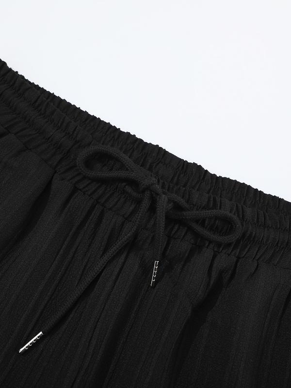 Men's All-Black Vertical Texture 2-Piece Casual Set - Long-Sleeve Button-Up Shirt + Elastic-Waist Pants, Lightweight Drapey Fabric, Relaxed Loose Fit, Minimalist Sophisticated Design, Perfect forOutdoor Brunch, Urban Office Commutes, Café Meetings & Casua