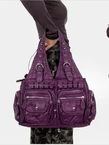 Ladies' retro vegan motorcycle tote bag, featuring a wasteland style front pocket, soft shoulder bag with detachable shoulder strap, Adjustable shoulder bag, large capacity bag, personalized street Y2K handbag, rivet design, drawstring design