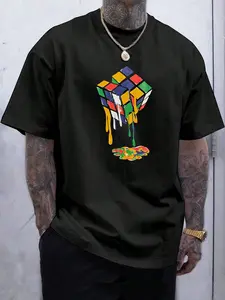 Men's Regular Fit Rubik's Cube Print Round Neck Tee, Casual Graphic Design Comfy Tee, Casual Short Sleeve Crew Neck T-Shirt for Summer, Fashion Men's Top for Daily Wear, Tropical, Casual Style Tee