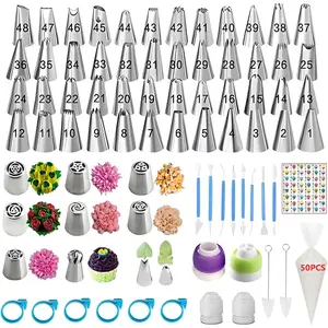 Piping Bags and Tips Set, 130 count with 48 Numbered Icing Tips, 7 Russian Tips, 1 Ball Tip, 2 Leaf Tips, 8 Carved Pens, 4 Couplers, 50 Pastry Bags &  for Cake Cupcake Decorating