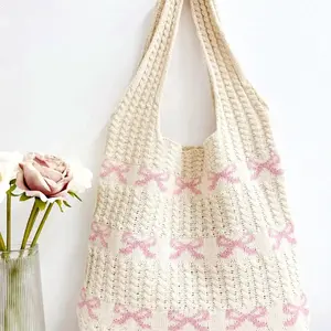 Women's Bowknot Pattern Crochet Shoulder Bag, Crossbody Tote Bag, Fashionable Bow Decor Tote Bag for Daily Used, Casual Trendy Versatile High-quality Daily Commuting Bag