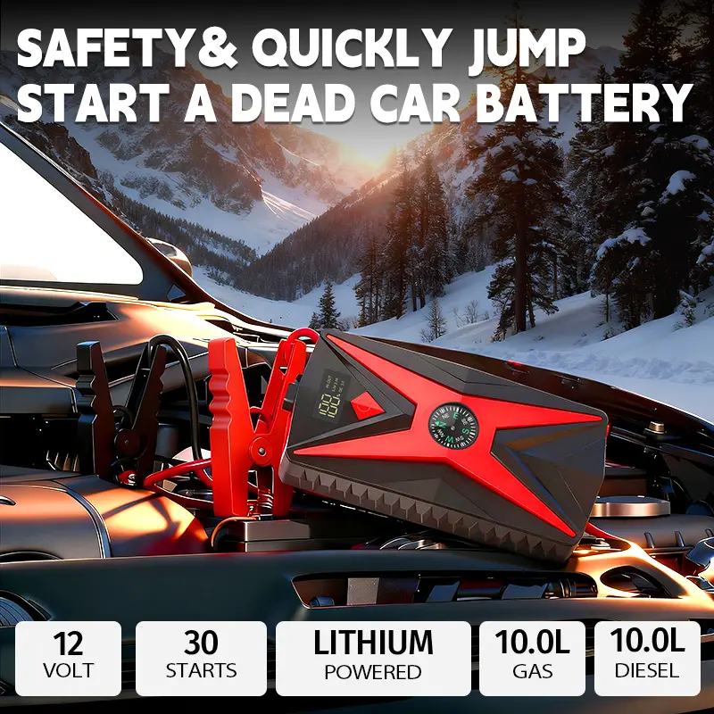 2000A 12V Car Jump Starter | 10.0L Gas/Diesel | Built-in Compass | 3-in-1 Power Bank+Flashlight+SOS | Never Get Stranded portable bank
