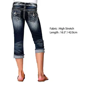 Flamingals Women's Pocket Detail Roll Hem Mid Waist Capri Jeans Fit Summer Blue Denim Style Comfortable Coverage Breathable Cotton Blend Machine Washable