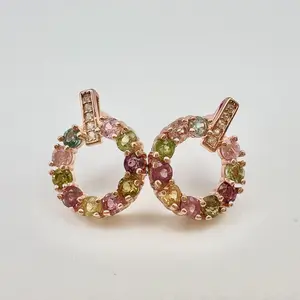 Tourmaline Jewerly Hoop Earrings 925 Sterling Silver Rose-gold, Rainbow Colorful & Natural Gemstone For Anxious Woman Girl, Relieve Anxiety And Mental Stress, Fortunate Earrings