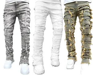 Single pack men’s slim-fit jeans with creative tassel decoration; casual street hip-hop skate/rap style with medium stretch, suitable for all seasons.
