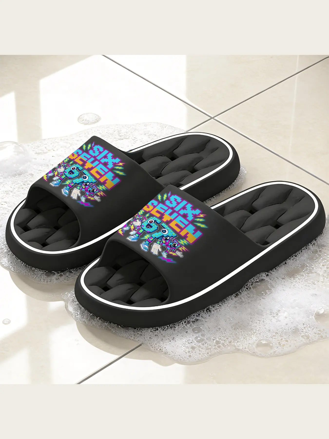 Trendy SIX SEVEN Graphic Print Slippers for Adults, Retro 90s Neon Cartoon Block Character Design Non-Slip Soft Sole House Slides, Lightweight Breathable Open Toe Indoor Outdoor Slip-On Slippers, Casual Comfy Warm Home Footwear