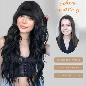 Ladies Wig 24" Korean Beauty Heat-Resistant Synthetic Hair Long Wavy Curls with Straight Air Bangs Fantasy Ombre & Oxygen Breathable Cap for Daily Use Cosplay K-Pop Style Light Beige Gray Gradient Gray Gold Gradient Black