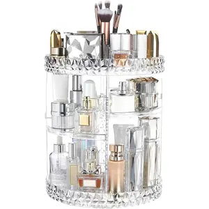 360° Rotating Makeup Organizer, Large Capacity, Adjustable Clear Diamond Cosmetic Holder for Perfume & Bathroom Countertop