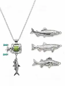 Fishing Reel Necklace, Mini Fishing Reel Necklace for Men with Rotating Handle, Silver Fish Necklace Pendant, Fashion Cool Accessories
