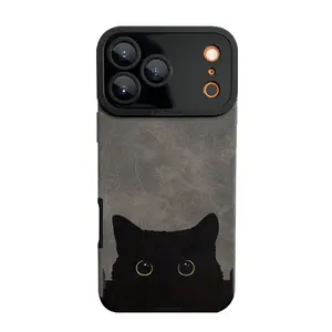 Peeking Black Cat TPU + PU Leather Smartphone Case - Shockproof Protector, Pro Camera Lens Protection, Durable Cover for iPhone Devices, Cat Lover Gift, Tech Accessories, Cellphone Accessory