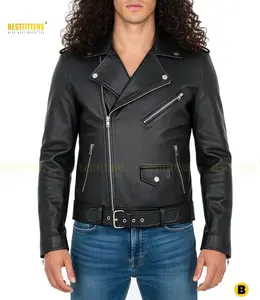 BESTFITTERS Black Asymmetrical Biker Jacket for Men Premium Leather with Zipper Pockets & Belt Elevate Your Style