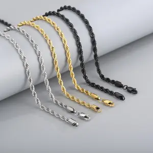 18K Gold-Plated Twisted Chain Necklace — Unisex Rope Chain in Tarnish-Resistant Stainless Steel — Classic Hip-Hop Style with Lobster Clasp