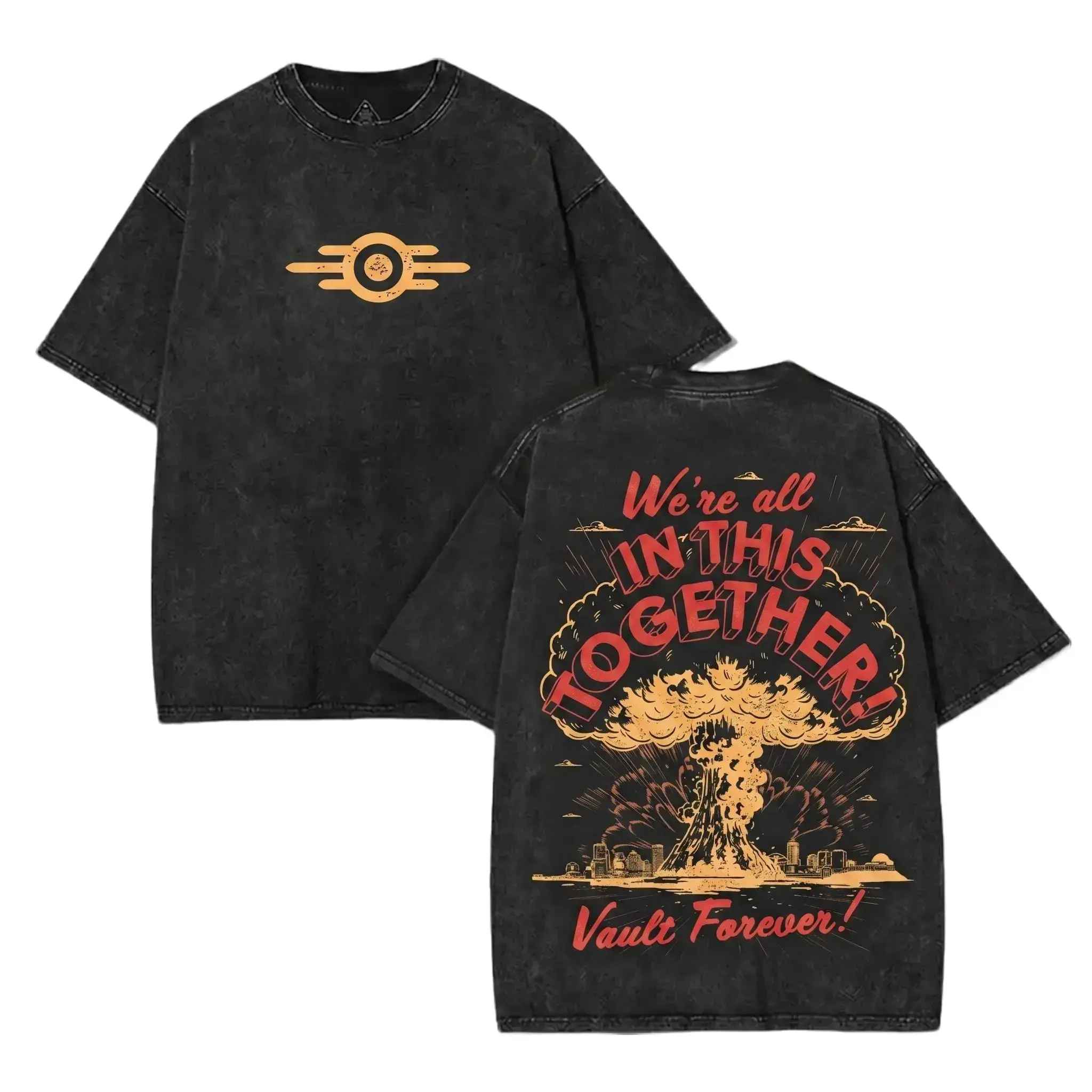 YoungFlame Mens Classic Menswear Fallout Vault Acid-Wash Round Neck Retro Short-Sleeve T-Shirt - Heavyweight 100% Cotton Tee, Wasteland Aesthetic Graphic, 2026 Summer Streetwear, Casual Outdoor Gift for Him