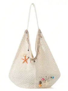 Summer Beach Vacation Tote Bag, DIY Shell Star Decor, Travel Pool Party Shopping, Women's Knitted Crochet Bag, Adjustable Design