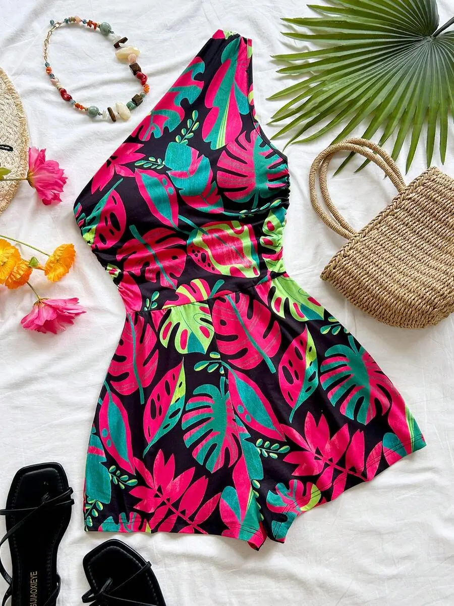 Plus Size Women's Summer Vacation Asymmetric Neck Ruched Tropical Plant Print Romper, Brunch, Mother's Day, Graduation, Church, Beach, Music Festival, Airport Outfit, Afternoon Tea,