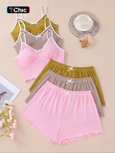 Women's Solid Color Bow Decor Cami Top & Shorts Pajama Two-Piece Set, Casual Comfy Spaghetti Strap Camisole & Shorts PJ Set, Ladies Sleepwear for All Seasons, Lingerie, Camisole Sets, Womenswear