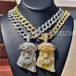 Rhinestone Iced Bling Out Large Jesus Head Trend Pendant, Miami Cuban Necklace Chain Trending Hip Hop Gift for Men