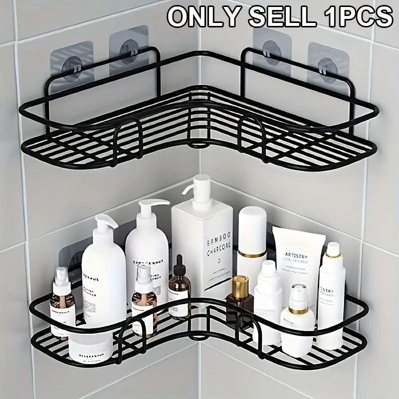 No-Drill Adhesive Corner Shower Caddy, Black Metal Wall-Mounted Corner Shelf, Rust-Proof Mesh Design Bathroom Organizer for Toiletries, Shower Organizers, Ideal for Bathrooms, Kitchens & Small Spaces