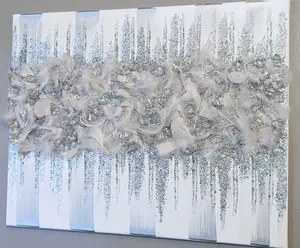 White Feathers Glitter Glass Painting, Glam 'Angel Feather' Series Silver Sparkly Wall Art, Elegant White & Silver Bling Decor Hanging New Artistic Room Decoration