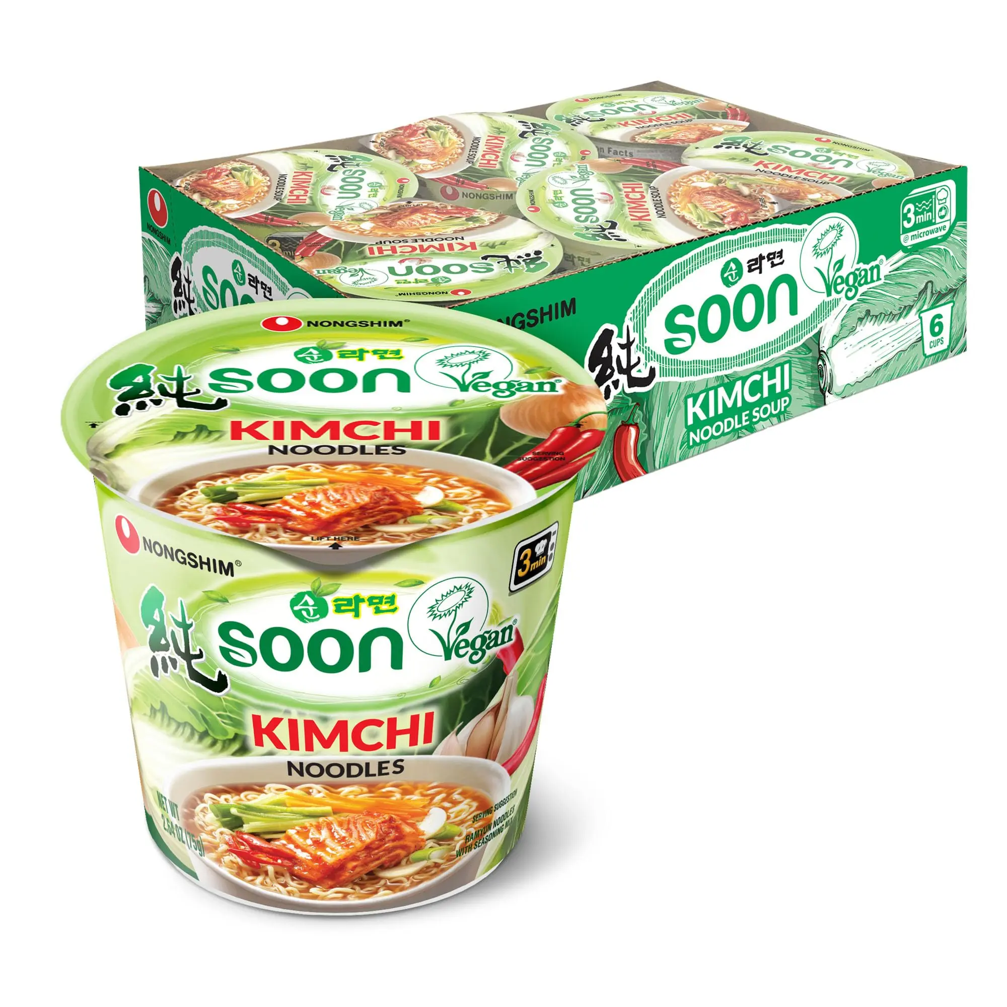 Korean Style Vegan Vegetable Kimchi Instant Ramen Soup Cups - Microwavable, 2.64 oz, 6 Pack with Kimchi Flakes, for Travel, Quick Lunches, Onion & Boiled Eggs Pairing