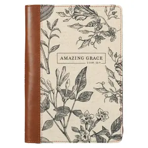 Amazing Grace Natural Canvas and Honey-brown Faux Leather Journal with Zipper Closure