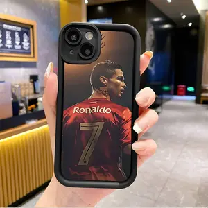 Black phone case featuring a photo of Ronaldo in a red jersey with the number 7: Hot - selling creative patterns, new groove stepped mobile phone case, fun, simple and fashionable personality trend for iPhone 17 16 15 14 13 12 11 Pro Max Plus