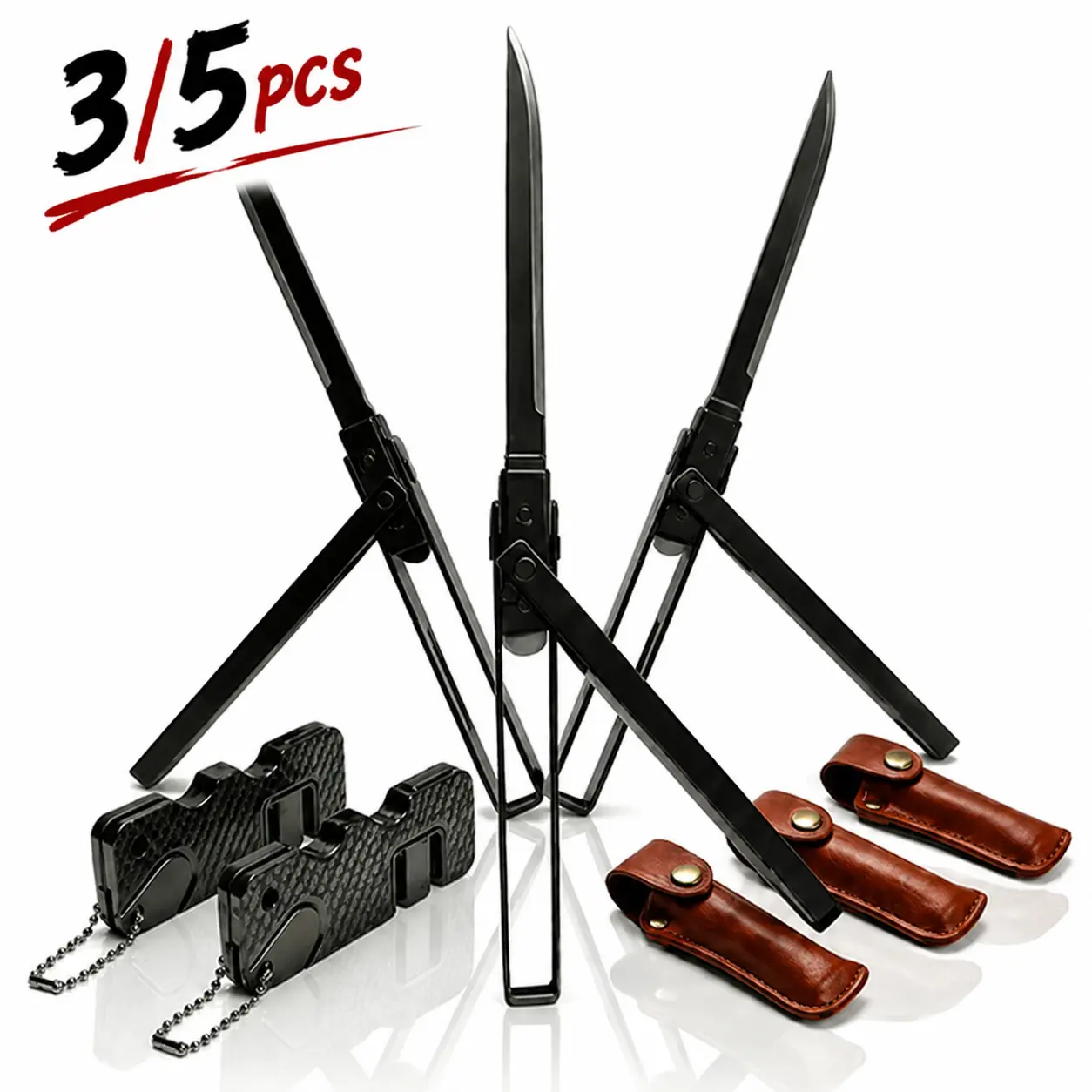 3/5PCS EDC Folding Knife Set with Sharpener, 2/3 Pack Compact Folding Pocket Knives with Utility Knife, Durable Blade, Comfortable Textured Grip & Pocket Clip, Portable Outdoor Tool for Camping, Hiking, Work, DIY Projects and Everyday Carry