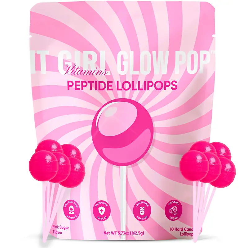 IT GIRL Glow Pop Collagen Lollipops, Pink Sugar - 7,000mg Collagen Peptides, Hyaluronic Acid & Vitamin C Beauty Candy - 1g Sugar, 7g Protein, Gluten Free - 10 Pops