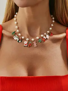 Women's Christmas Dangling Charms Necklace Set, Metal Tree Hat Santa Shoes Bells Deer Pendant Jewelry Gift for Women Daily Wear Holiday Season