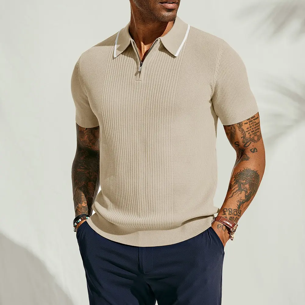 PJ PAUL JONES Men's Quarter Zip Polo Shirts Contrast Collar Knit Polo Shirt Short Sleeve Polos