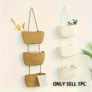 1sct 3Tier Rope Woven Hanging Storage Basket - Removable Decorative Organizer for Living Room, Bathroom and Bedroom - Door Hanging Basket with Multiple Storage Compartments, Shelf Basket