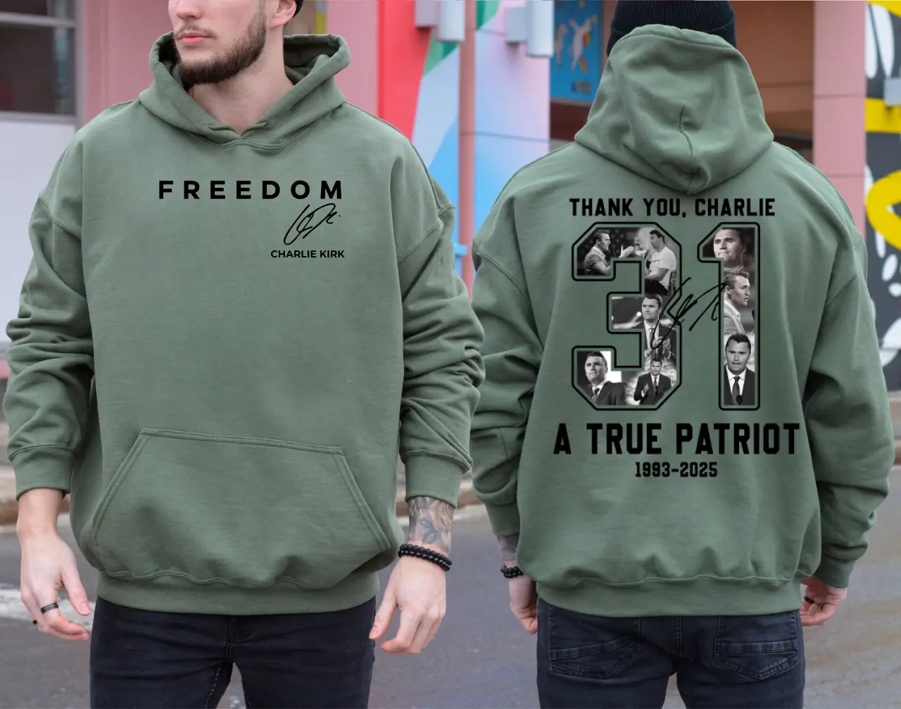 Unisex 2-Sided Graphic Freedom Hoodie - Soft 100% Cotton Fabric, Long Sleeve Patriotic Sweatshirt, Rest In Peace Charlie Kirk, Thank You Charlie, Justice Political Casual Streetwear Top, Made in USA, All Colors