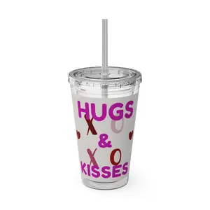 Sunsplash Hugs & Kisses Tumbler with Straw - 16oz Love Drinkware for Valentine's Day