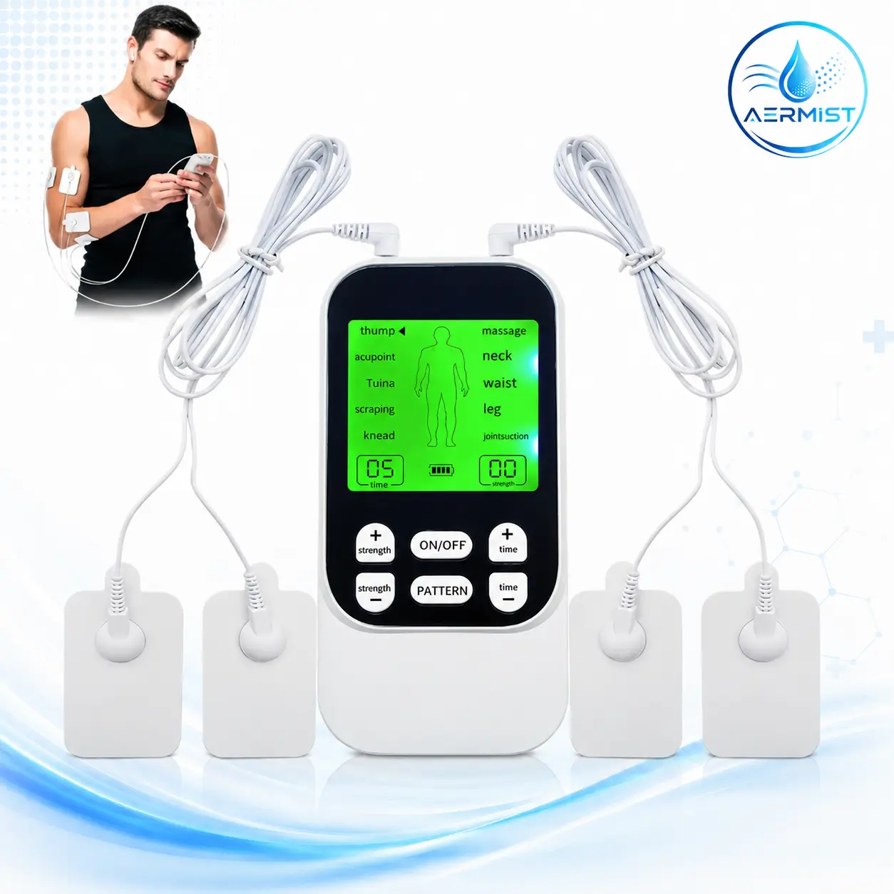 Dual Channel TENS EMS Muscle Stimulator Massage Device - 10 Modes, 30 Intensity Levels, 4 Electrode Pads (4 Pieces), Compact Rechargeable for Back, Neck Pain Relief, Massage Device (4 Pieces).