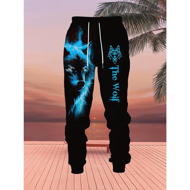 Blue Wolf Pattern Men's Spring Autumn Long Sleeve Casual Sweatshirt Set Hooded 100% Polyester Fiber Regular Fit Digital Printing