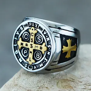 SAINT & RELIC St. Benedict Cross Ring for Men Two-Tone Protection Amulet Catholic Jewelry 316L Stainless Steel Comfort Fit US Sizes 6-10