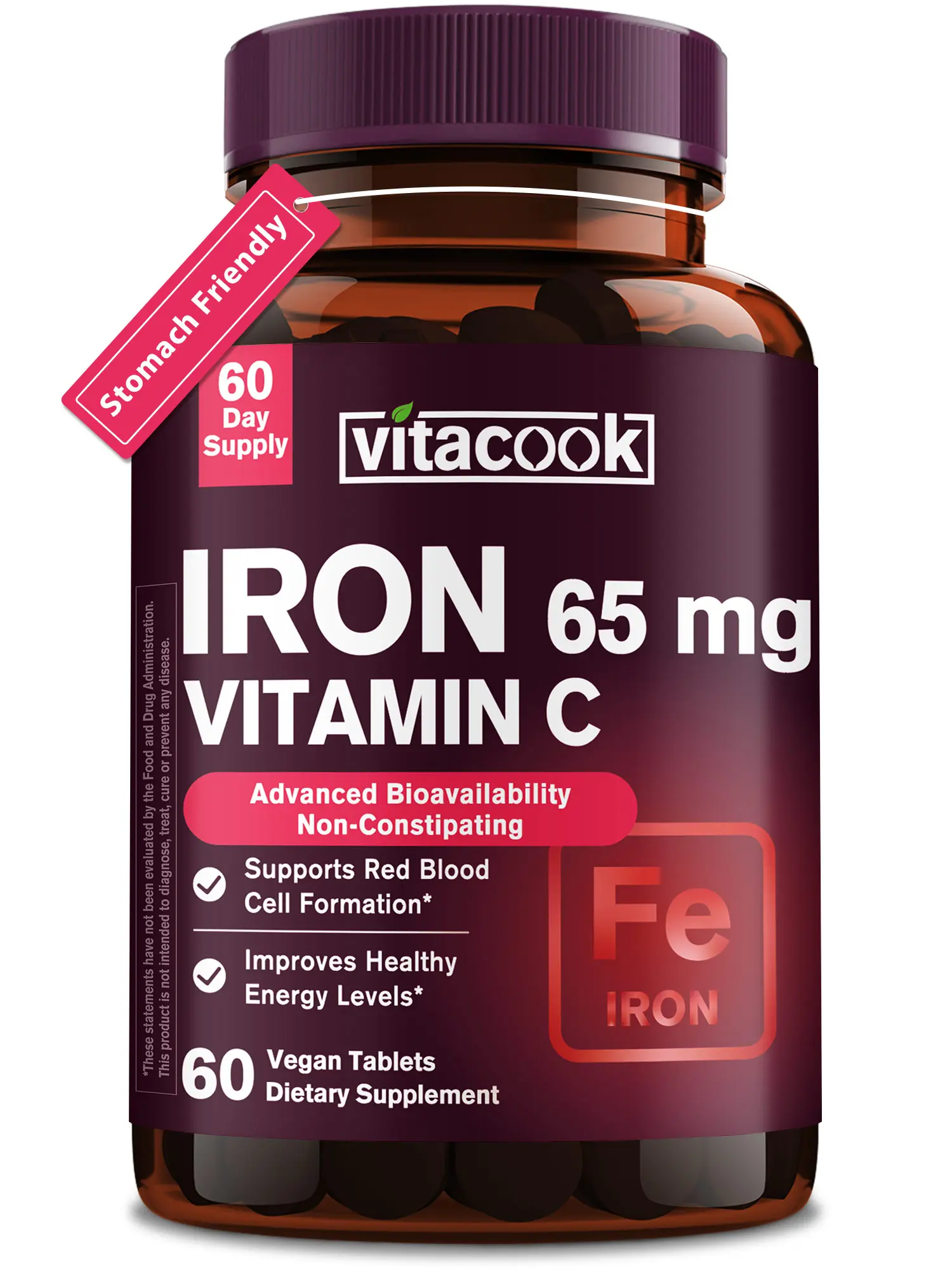 Iron Supplement for Women Men, High Potency Iron 65mg with Vitamin C 250mg, Slow Release Stomach Friendly Iron Pills for Red Blood Cell & Immune Support, Non-GMO, Gluten Free, 30/60/90/120/180 Vegan Tabs