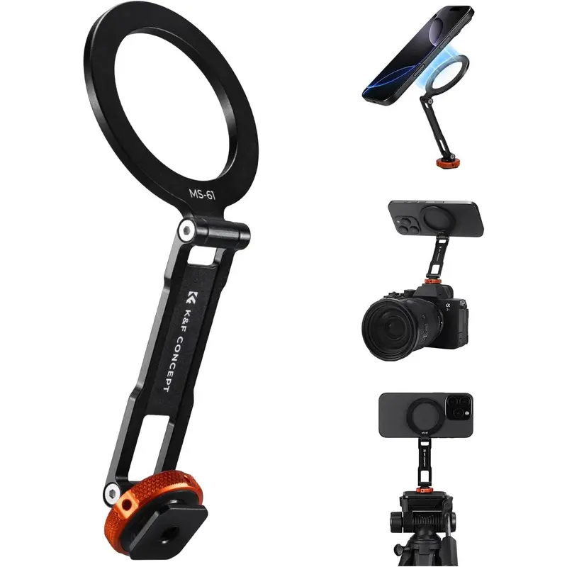 K&F CONCEPT Magnetic Metal Cellphone Mount, Cold Shoe Mount Accessory, Adjustable Rotatable Smartphone Stand, Compatible with iPhone 17/16/15/14/13 Series, for Tripods, Stabilizers, Accessories, Cell Phone Stand, Magnetic Phone Mount