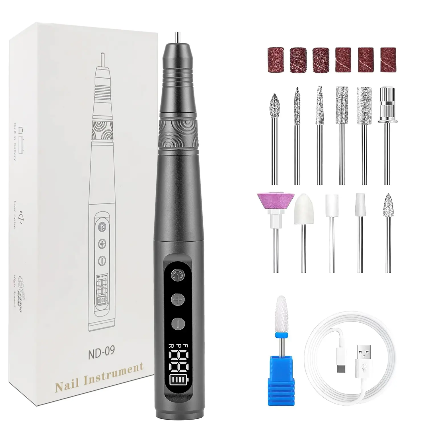 Electric Nail Drill Professional, Electric Nail File, 35000RPM Cordless Nail Drill, Portable Nail File Machine for Acrylic and Gel Nail with Manicure and Polishing Tool Set
