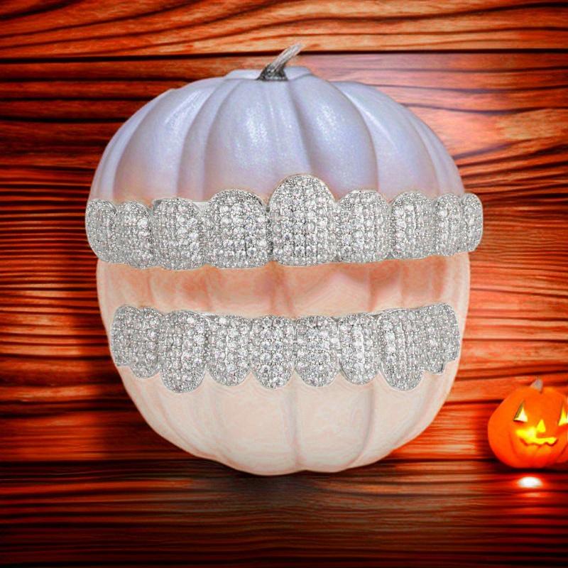 2pcs/ Set Hip Hop Cubic Synthetic Zirconia Teeth Grills Punk Tooth  Cosplay Rapper Jewelry Glittering Hip Hop Cubic Synthetic Zirconia Teeth Grills - 20pcs Top & Bottom Set for Rappers  Instantly   gold  teeth  cap Oral