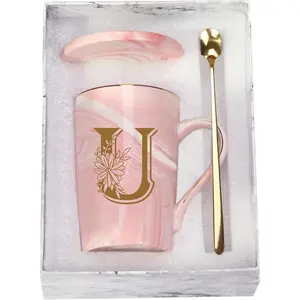 Letter U Personalized Initial Mugs with Flower, Letter U Personalized Novelty Coffee Mug, Novelty Letter Coffee Mugs for Women, Bridal Shower Gifts, Women's Initials Gifts Coffee Mug 14 Ounce Pink
